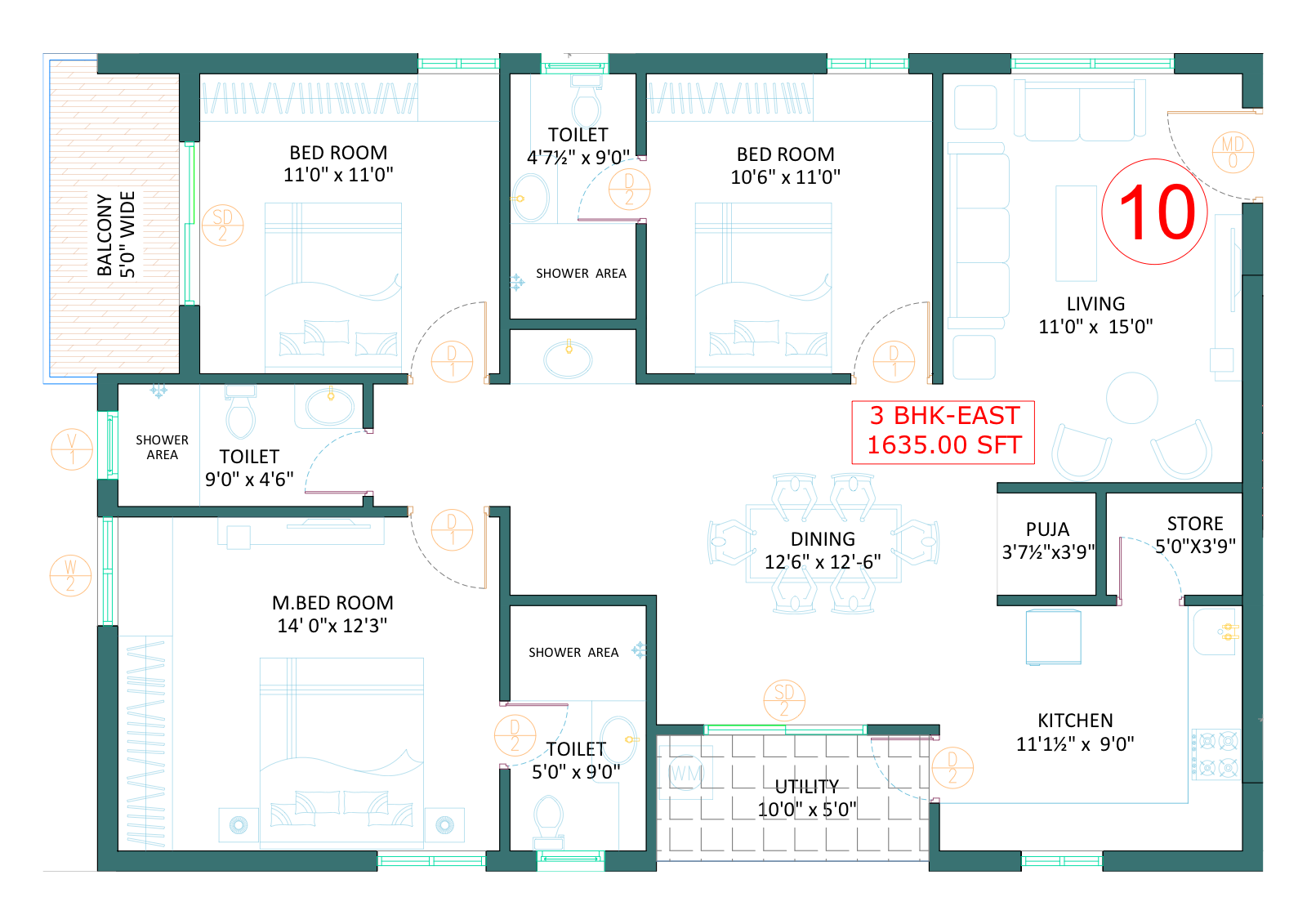3 BHK Premium - 1,635 sq.ft - East Facing (Unit 10)