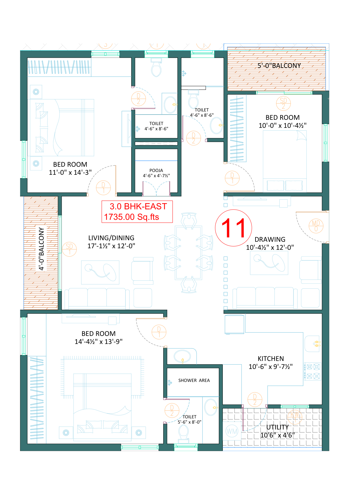 3 BHK Premium - 1,735 sq.ft - East Facing (Units 11, 14, 18, 19)