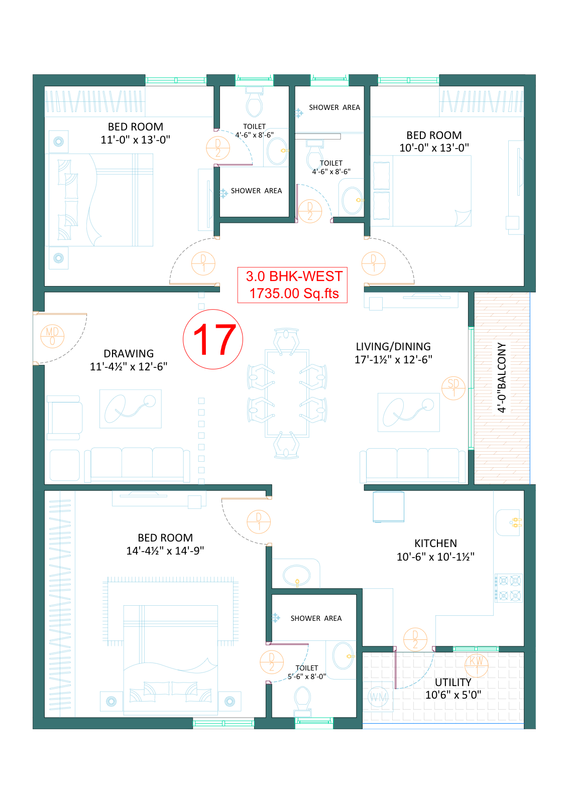 3 BHK Premium - 1,735 sq.ft - West Facing (Units 12, 17)