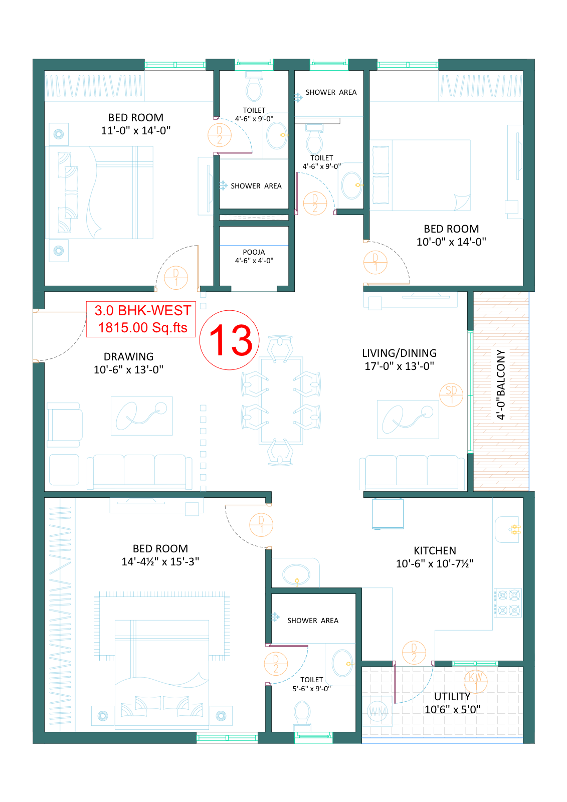 3 BHK Premium - 1,815 sq.ft - West Facing (Unit 13)