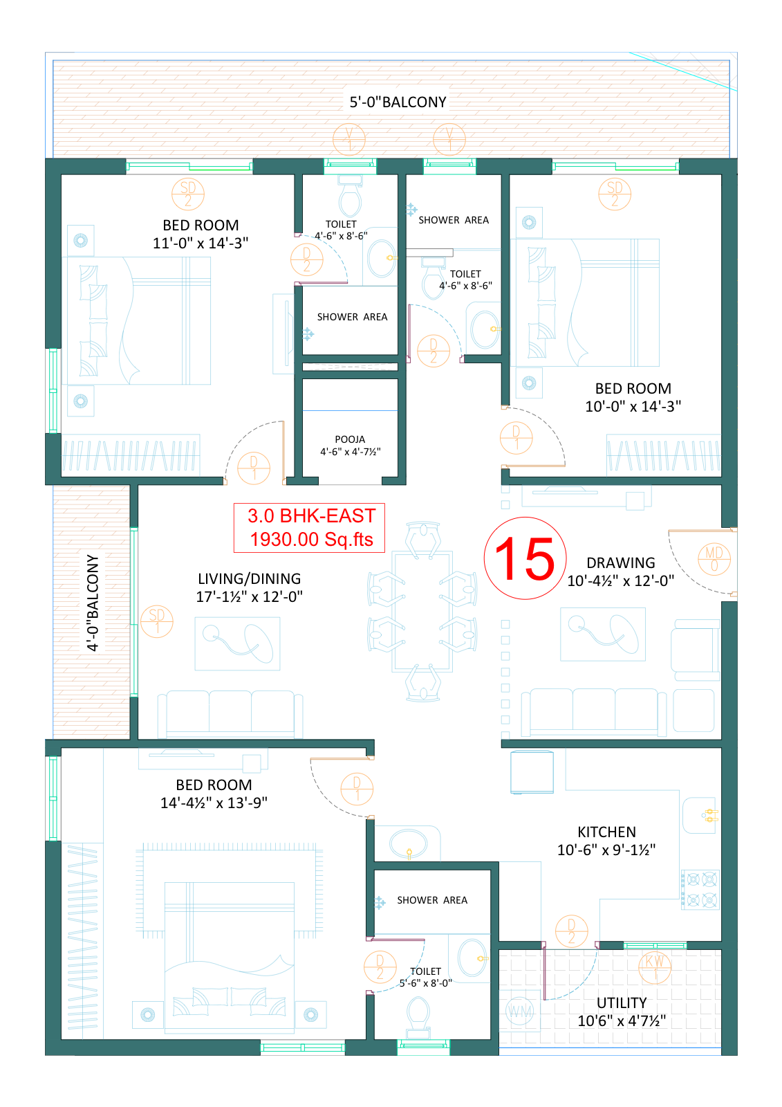 3 BHK Premium - 1,930 sq.ft - East Facing (Units 15, 16)
