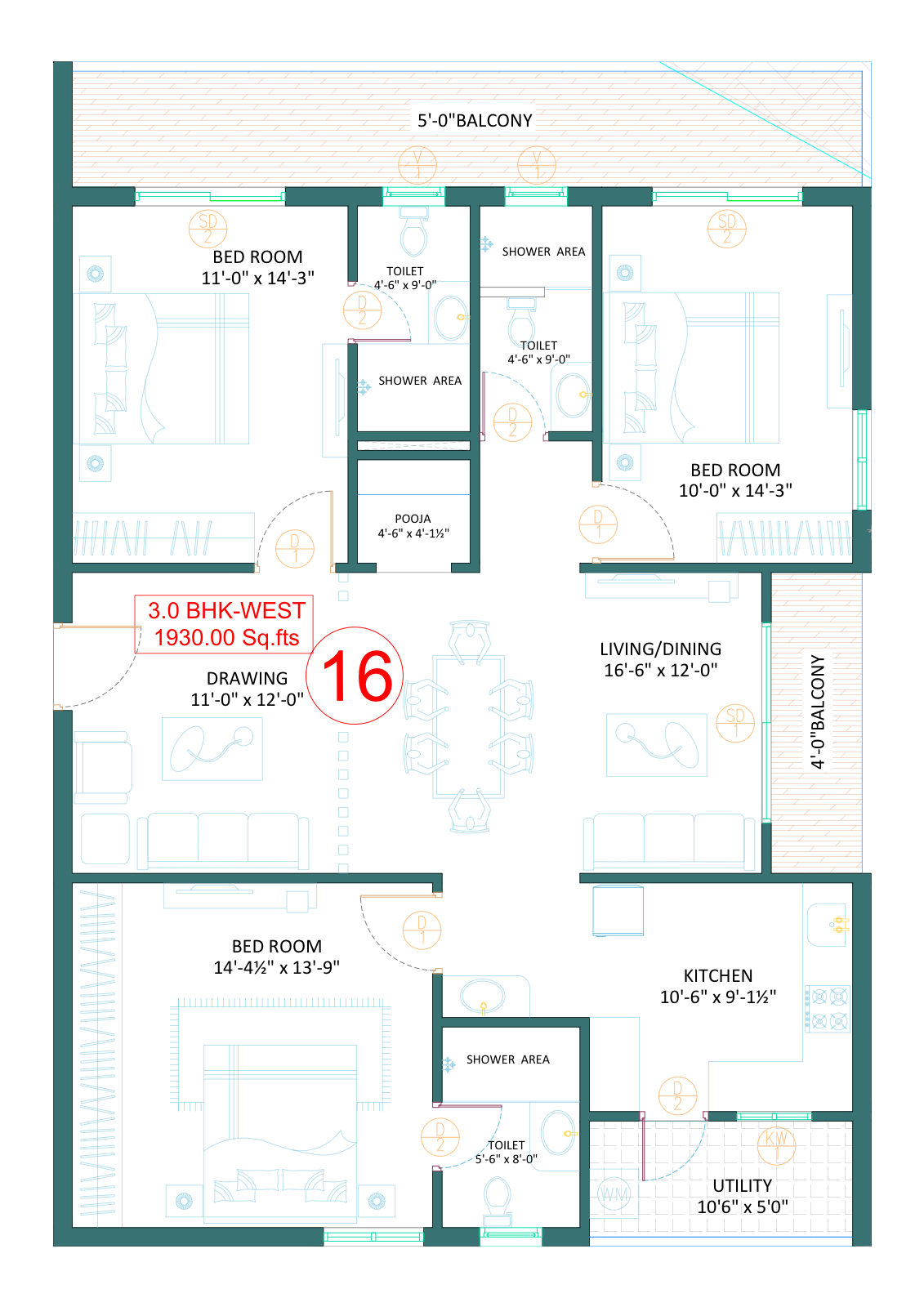 3 BHK Premium - 1,930 sq.ft - West Facing (Units 15, 16)