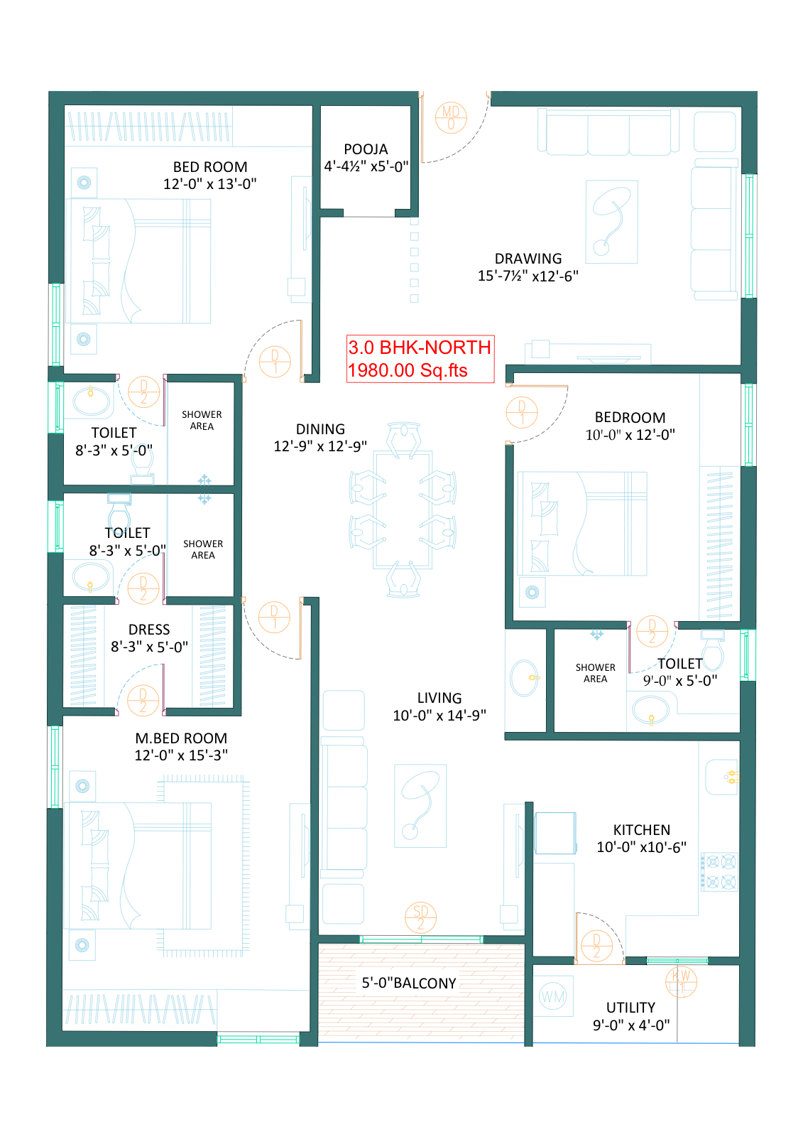 3 BHK Premium - 1,980 sq.ft - North Facing (Units 3-9)