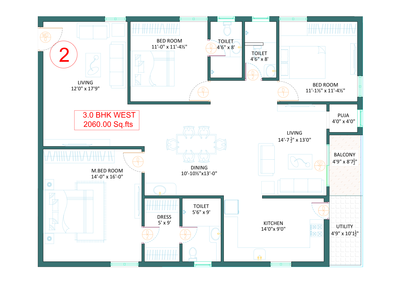 3 BHK Ultra - 2,060 sq.ft - West Facing (Units 1, 2)